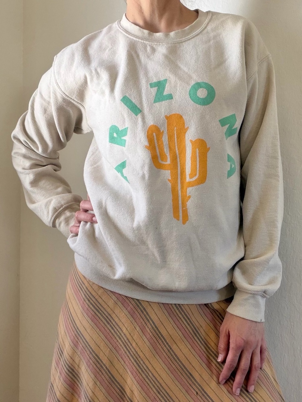 Gildan arizona Cream Crewneck Sweatshirt with Yellow Cactus & Mint Lettering